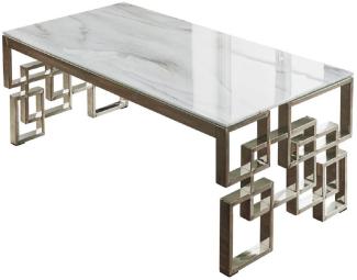 Casa Padrino Luxus Couchtisch Silber / Weiß 120 x 60 x H. 45 cm - Rechteckiger Wohnzimmertisch mit Edelstahlbeinen und Marmorglas Tischplatte - Luxus Wohnzimmer Möbel