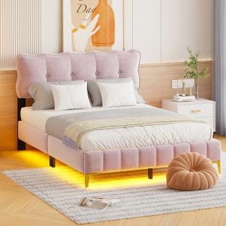 Merax Polsterbett 140 x 200 cm, Doppelbett mit LED-Leuchten Samtstoff hohe Metallfüße Rosa (ohne Matratze)