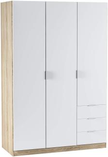 Kleiderschrank mit drei Türen und drei Schubladen, Eichenfarbe und Artikweiß, Maße 121 x 180 x 52 cm