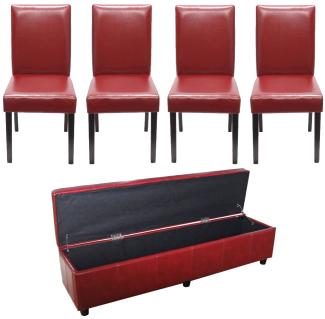 Garnitur Sitzgruppe Bank mit Aufbewahrung Kriens XXL+4 Stühle Littau, Kunstleder/Leder ~ rot