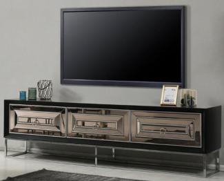 Casa Padrino Luxus TV Schrank mit 3 verspiegelten Schubladen Schwarz / Silber 220 x 49 x H. 64 cm - Wohnzimmer Möbel - Luxus Qualität