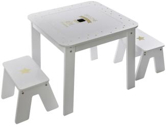 Atmosphera Beistelltisch mit Aufbewahrung, Tischplatte + 2 Hocker für Kinderzimmer, weiß/gold