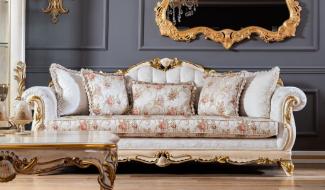 Casa Padrino Luxus Barock Sofa Weiß / Beige / Gold - Prunkvolles Wohnzimmer Sofa mit Blumenmuster - Barock Wohnzimmer Möbel