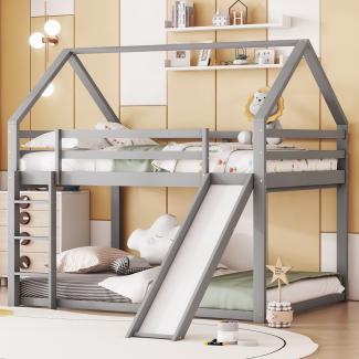 Merax Doppelbett Kinderbett Hausbett Etagenbett mit Rutsche und Leiter, Kinderzimmer Hoch-Doppel-Stockbett, 140x200cm, Grau(Ohne Matratze)