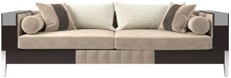 Casa Padrino Luxus Art Deco Samt Sofa Beige / Dunkelbraun / Silber 257 x 84 x H. 83 cm - Edles Wohnzimmer Sofa - Luxus Qualität - Art Deco Möbel