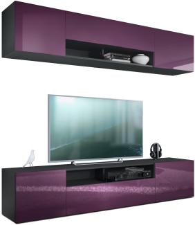 Vladon Wohnwand Mogan, Schwarz matt/Brombeer Hochglanz - Moderne Anbauwand bestehend aus 2 TV-Boards (181 x 147 x 35 cm)