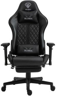Gaming Stuhl im Racing Design in Lederoptik Bürostuhl mit flexiblen Armlehnen ergonomischer Schreibtischstuhl mit verstellbarem Rückenstützkissen, Nackenkissen und Fußstütze Schwarz
