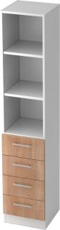 bümö® office Schubladen-Regal mit 4 Schüben & 3 Regalfächer in Weiß/Nussbaum mit Relinggriffen
