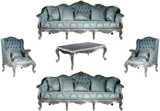 Casa Padrino Luxus Barock Wohnzimmer Set Hellblau / Silber - 2 Sofas & 2 Sessel & 1 Couchtisch - Prunkvolle Wohnzimmer Möbel im Barockstil