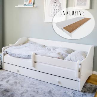 Kinderbett Jugendbett 80x160 mit Matratze Rausfallschutz & Schublade | Kinder Sofa Couch Bett umbaubar wei