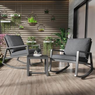 Merax 3-teiliges Schaukel-Set, Terrassen-Außenmöbel, Veranda-Stuhl-Gesprächsset mit Glas-Couchtisch mit dicken Kissen, Grau