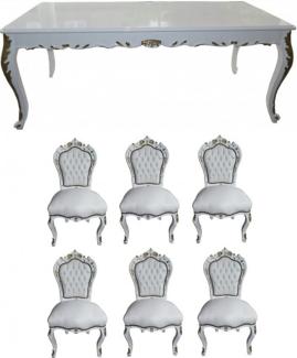 Casa Padrino Barock Esszimmer Set Weiß / Weiß / Gold - Esstisch + 6 Stühle - Möbel Antik Stil