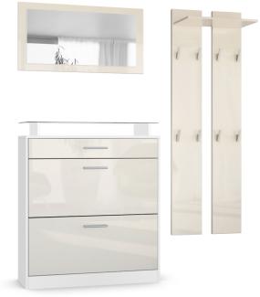 Vladon Garderobe Loret mini, Garderobenset bestehend aus 1 Schuhschrank, 1 Wandspiegel und 2 Garderobenpaneele, Weiß matt/Creme Hochglanz