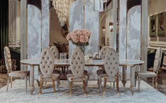 Casa Padrino Luxus Art Deco Esszimmer Set Grau / Weiß / Gold - 1 Art Deco Esstisch mit Kunstmarmor Tischplatte & 8 Art Deco Esszimmerstühle - Prunkvolle Art Deco Esszimmer Möbel - Luxus Qualität