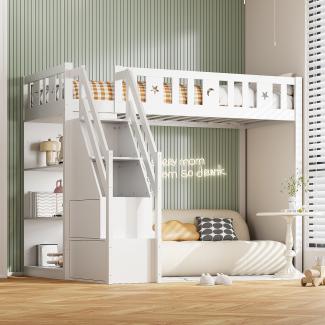 Merax Hochbett Kinderbett Einzelbett 90x200cm mit Stauraumtreppe und Regalen, weiß