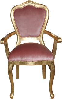 Casa Padrino Barock Luxus Esszimmer Stuhl mit Armlehnen Rosa/Gold - Limited Edition
