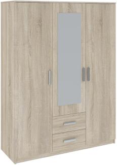 Oggi Saravena 3türiger Kleiderschrank Spiegel 2 Schubladen 6 Einlegeböden B 150 cm H 200 cm Modernes Design Schichtstoffplatte für Wohnzimmer Schlafzimmer Arbeitszimmer Sonoma Eiche