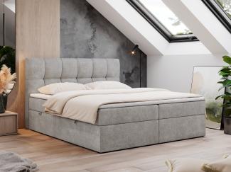 Boxspringbett mit Kopfteil und Topper, Doppelbett - RICO - 200x200cm - Hellgrau Stoff - H4