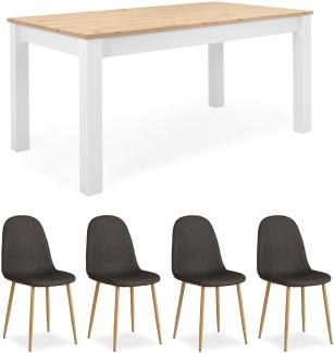 Essgruppe mit 4 Stühlen, Esstisch ausziehbar, Esszimmertisch, Holztisch, Polsterstühle, Anthrazit/Weiß,