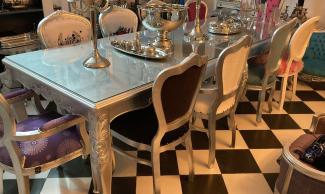 Casa Padrino Luxus Barock Esstisch mit Glasplatte Silber 300 cm - Handgefertigter Massivholz Esszimmertisch - Esszimmer Möbel im Barockstil - Extra Lang