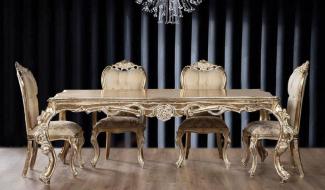 Casa Padrino Luxus Barock Esszimmer Set Beige / Gold / Antik Gold - 1 Barock Esstisch & 6 Barock Esszimmerstühle - Esszimmer Möbel im Barockstil - Edel & Prunkvoll