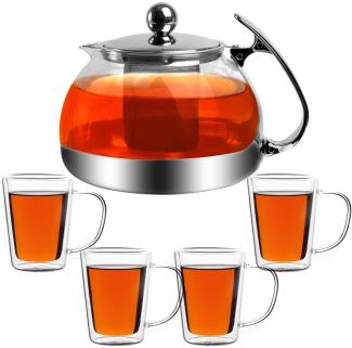 Monzana Teekanne mit Teesieb aus Edelstahl / Glas 1,2 L + 4er Set Teegläser