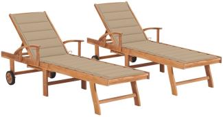 vidaXL Sonnenliegen 2 Stk. mit Auflagen Beige Massivholz Teak 3073189