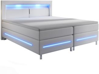 Juskys Boxspringbett Norfolk 200 x 200 cm – LED Beleuchtung, Bonell-Matratzen, Topper & Kunstleder – 66 cm Komforthöhe – weiß – Bett Doppelbett