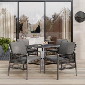 Merax Garten-Essgruppe, Gartenmöbel-Set (5-teiliges Esstisch-Set, 4 Sessel, 1 Tisch), PE-Rattan, mit verstellbaren Füßen, grau
