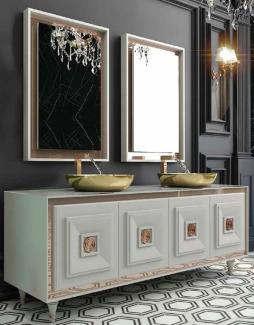 Casa Padrino Luxus Badezimmer Set Weiß / Bronze / Gold - 1 Waschtisch mit 4 Türen und 2 Waschbecken und 2 Wandspiegel - Luxus Badezimmermöbel