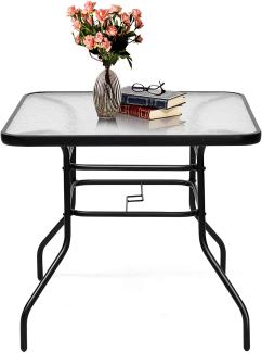 COSTWAY Bistrotisch Gartentisch mit Schirmloch und Glasplatte für den Innen- und Aussenbereich, Schwarz, 80x80x71cm