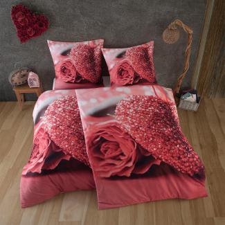 Traumschlaf Bettwäsche Rose und Herz | 155x220 cm + 80x80 cm