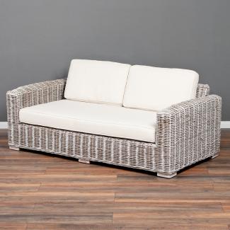 Lounge Sofa LIVING in White Wash Rattan ca. L180cm Couch mit Kissen