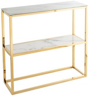 Casa Padrino Konsole Gold / Weiß / Grau Marmor Look 80 x 26 x H. 80 cm - Konsolentisch mit Glasplatte - Wohnzimmer Möbel