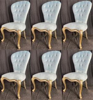 Casa Padrino Luxus Barock Esszimmer Stuhl Set Hellblau / Antik Gold mit silberner Patina - Handgefertigtes Küchen Stühle 6er Set - Antik Stil Möbel - Barockstil Esszimmer Möbel - Barock Möbel