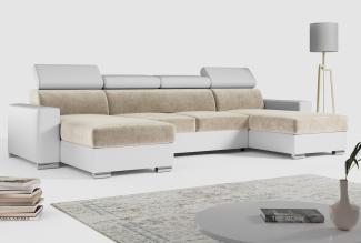 Ecksofa zum Wohnzimmer - U-Form mit Schlaffunktion und Bettkasten - FOX-U - Beige - Weiß