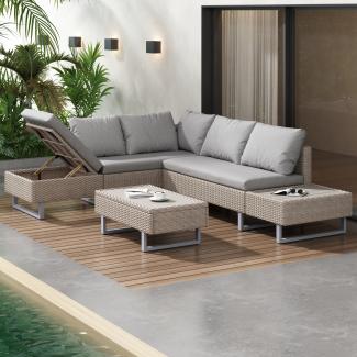 Merax Modulares, bewegliches Sofa, bietet Platz für 4–5 Personen, inklusive Liegefunktion, UV-beständiges PE-Rattan, Couchtisch, Khaki