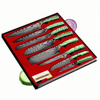 Asiatisches Edelstahl Messerset Midori - 8-teiliges Küchenmesser Set - Kochmesser im Damast Design mit Epoxidharz Griff inkl. Geschenkbox - rostfrei & scharf - Designed in Germany