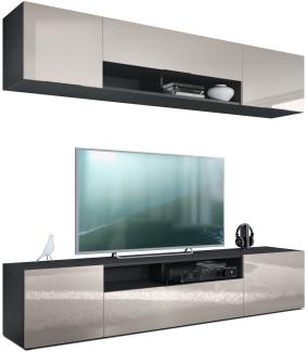 Vladon Wohnwand Mogan, Schwarz matt/Sandgrau Hochglanz - Moderne Anbauwand bestehend aus 2 TV-Boards (181 x 147 x 35 cm)