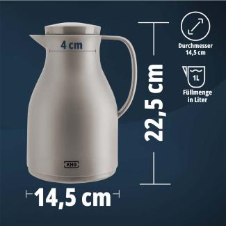 KHG Isolierkanne 1 Liter Sandgrau Beige, Quick Press & Drehverschluss, außen Kunststoff matt, innen Glas BPA-frei, Thermoskanne 1l für heiße & kalte Getränke mit präzisem Ausgießer