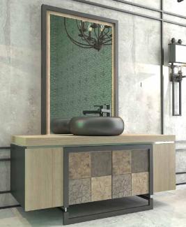 Casa Padrino Luxus Badezimmer Set Naturfarben / Mehrfarbig / Schwarz - 1 Waschtisch mit 4 Türen und 1 Waschbecken und 1 Wandspiegel - Luxus Qualität