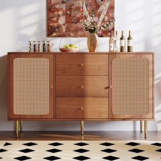 Merax Kommode Holz mit 2 Türen und 3 Schubladen, Sideboard mit verstellbaren Einlegeböden, Rattangeflecht, B:150cm