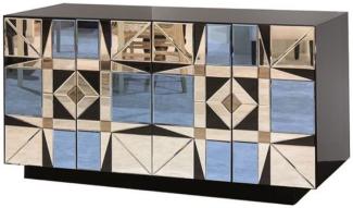 Casa Padrino Luxus Sideboard Schwarz / Blau 140 x 45 x H. 80 cm - Massivholz Schrank mit 4 verspiegelten Türen - Luxus Möbel