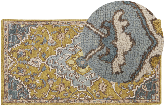 Teppich Wolle gelb blau 80 x 150 cm orientalisches Muster Kurzflor MUCUR