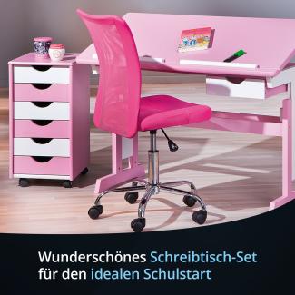 KHG Schreibtisch-Set rosa weiß mit Rollcontainer Kiefer Echtholz 6-fach höhenverstellbar mit neigbarer Tischplatte 109 x 96 x 55 cm