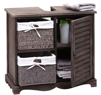 Waschbeckenunterschrank HWC-H20, Badezimmer Waschtisch, Massiv-Holz Korb-Schublade 60x65x31cm ~ shabby grau-braun