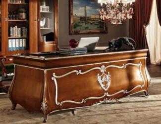 Casa Padrino Luxus Barock Schreibtisch Braun / Silber - Edler Massivholz Bürotisch - Barock Büro Möbel - Luxus Qualität - Made in Italy