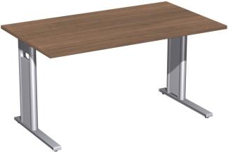 Schreibtisch 'C Fuß Pro', feste Höhe 140x80cm, Nussbaum / Silber