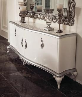 Casa Padrino Luxus Barock Sideboard Weiß / Silber 207 x 54 x H. 90 cm - Edler Massivholz Schrank mit 4 Türen - Möbel im Barockstil