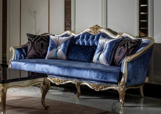 Casa Padrino Luxus Barock Sofa Blau / Silber / Gold - Handgefertigtes Wohnzimmer Sofa mit dekorativen Kissen - Barock Wohnzimmer Möbel